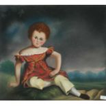 Naive School, 19th century, Portrait of a child sitting in a landscape, label verso, Orlando