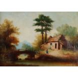 R Bonner (British School 19th-20th Century) Country Cottage Beside a Stream oil on canvas