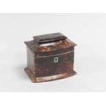 A 19th century tortoiseshell tea caddy, of casket form, the hinged cover opening to a single