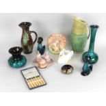 A mixed collection of ceramics to include Blue Mountain vases, jug and pair of ducks, together
