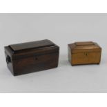 A late Victorian inlaid mahogany tea caddy, of sarcophagus form, 32cm wide, together with an