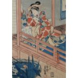 Japanese Woodblock Print of an Actress leaning on a balcony