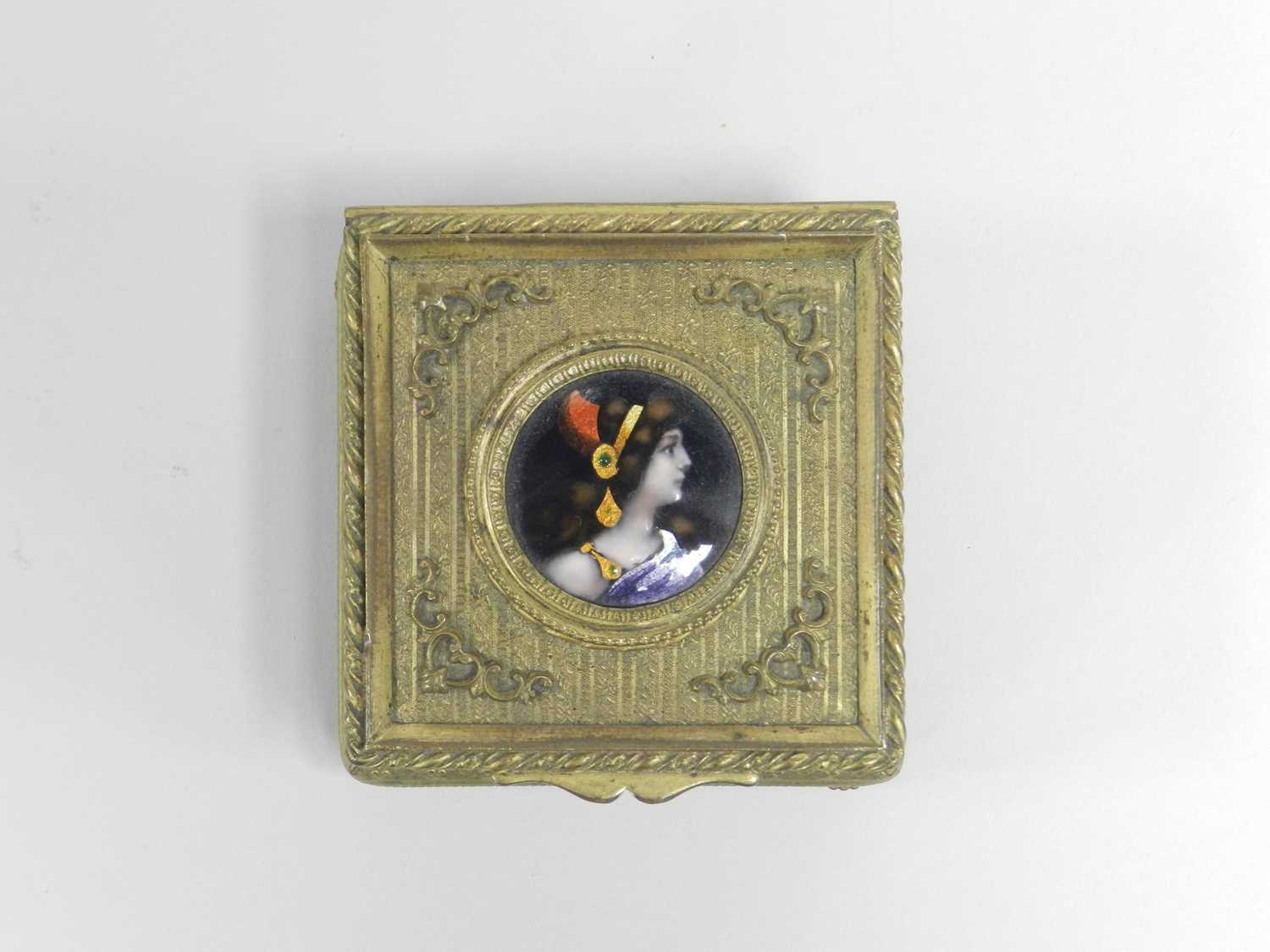 A 19th century French gilt metal jewellery box, the cover inset with an enamel bust portrait of a - Image 2 of 2