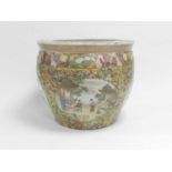 A Chinese Canton famille rose style fish bowl, 20th century, printed and painted with scenes of