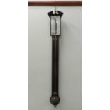 A George III mahogany stick barometer, the rectangular silvered register signed 'Henry Pyefinch,