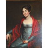 English School, 19th century, 3/4 portrait of a young lady wearing a blue dress and a red shawl, oil