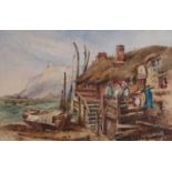 British School (19th Century) Men gathered at a Coastal Tavern Watercolour