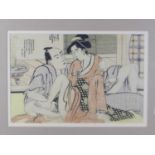 Utamaro school, 19th/20th Century, a pair of aiban shunga prints, yoko-e, depicting couples making