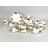 Royal Albert Old Country Roses service comprising six teacups, six saucers, teapot and cover, six