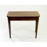 A George III 'D' shaped, mahogany card table, crossbanded in satinwood, 91cm wide, 73cm high (top