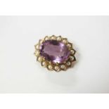 A 9ct gold amethyst and split seed pearl brooch