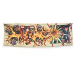 After Michele Van Hout Le Beau, semi-abstract tapestry with fruits, fish, flowers and sunburst,