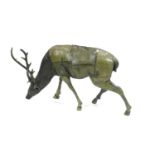 A pair of near life size bronze garden statues of deer, contemporary, hollow cast and