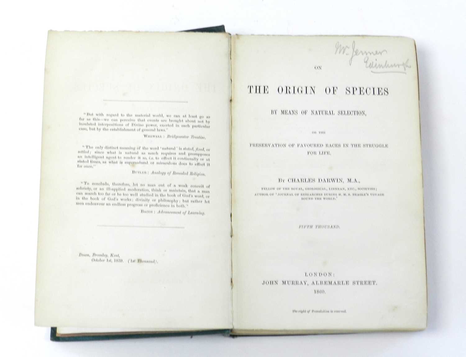DARWIN, Charles, On the Origin of the Species, 2nd edn, 5th thousand, 1860. Adverts at end dated - Image 3 of 6
