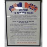 POSTER Welcoming British and American troops to France, August 1944. 1050 x 790mm, framed.