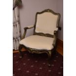 A reproduction Louis XV style giltwood open armchair, the shaped back with foliate cresting over