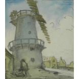Attributed to Sir William Orpen (British 1878-1931), Man working before a Windmill watercolour