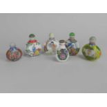 Five Chinese opalescent glass snuff bottles, 20th century, painted in colours with figures or