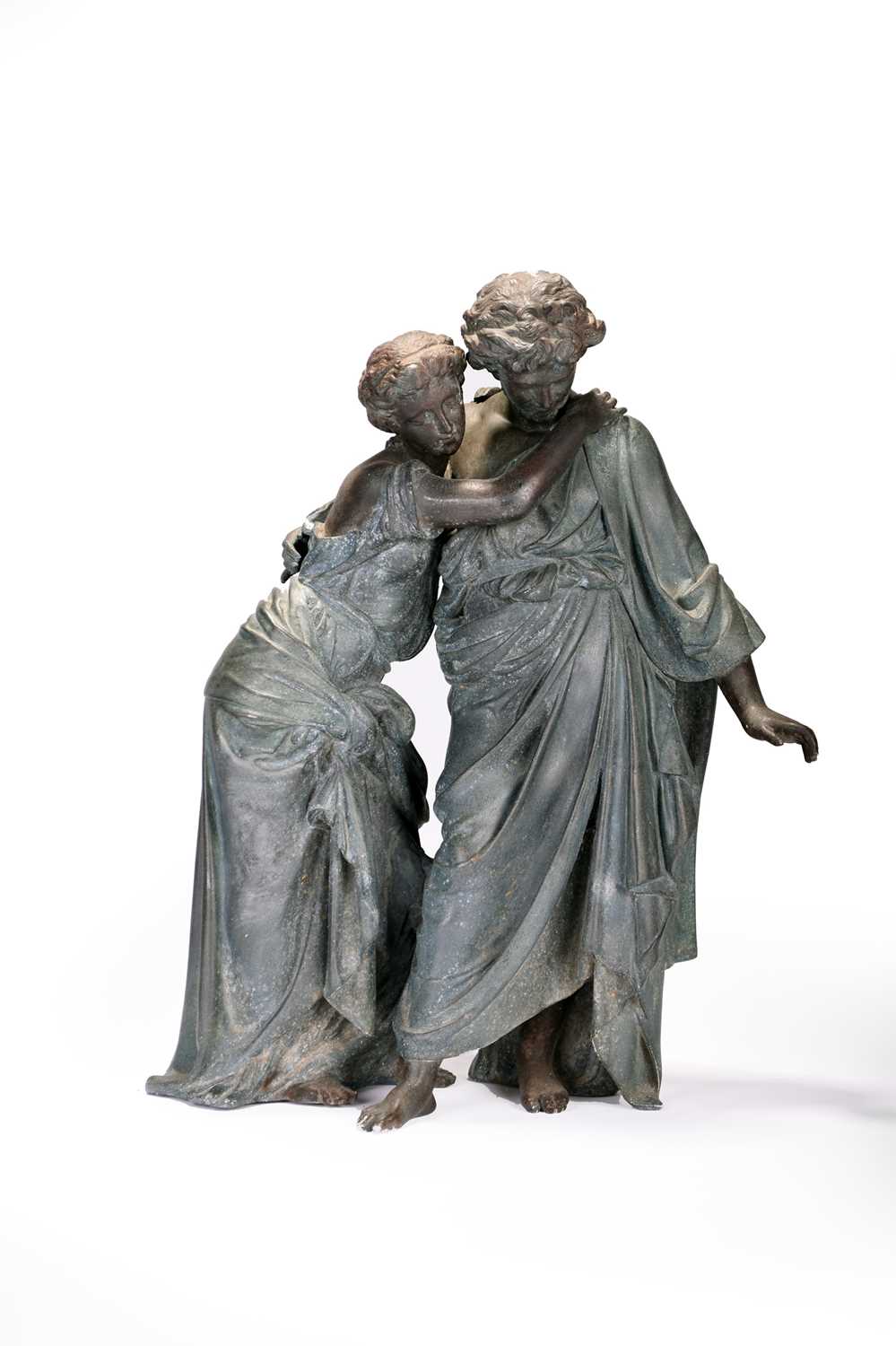 A patinated spelter figure group allegorical of Autumn