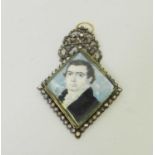 An early 19th century rose cut diamond set miniature portrait pendant