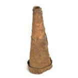 A Native American Ojibwa birch bark moose caller trumpet, of conical form with hide chord