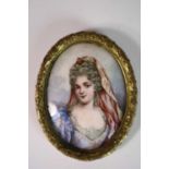 Miniature Portrait on Enamel of a Lady Wearing Blue Dress and Powdered Wig