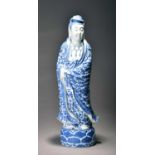 A large Chinese blue and white figure of Guanyin, Qing Dynasty