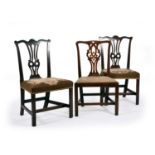 A late George III and later, harlequin set of 6 mahogany, Chippendale style dining chairs