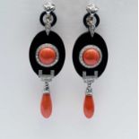 A pair of coral, onyx and diamond ear pendants