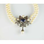 A late 18th/early 19th century sapphire, diamond and baroque pearl pendant