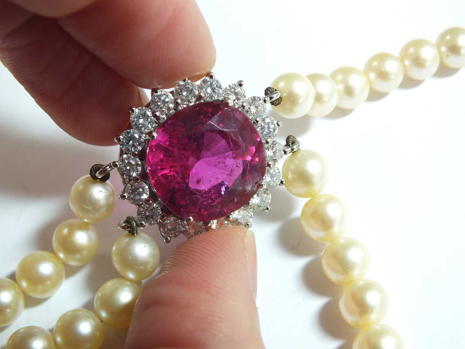 A pink tourmaline and diamond cluster on two strand cultured pearl necklace - Image 5 of 12
