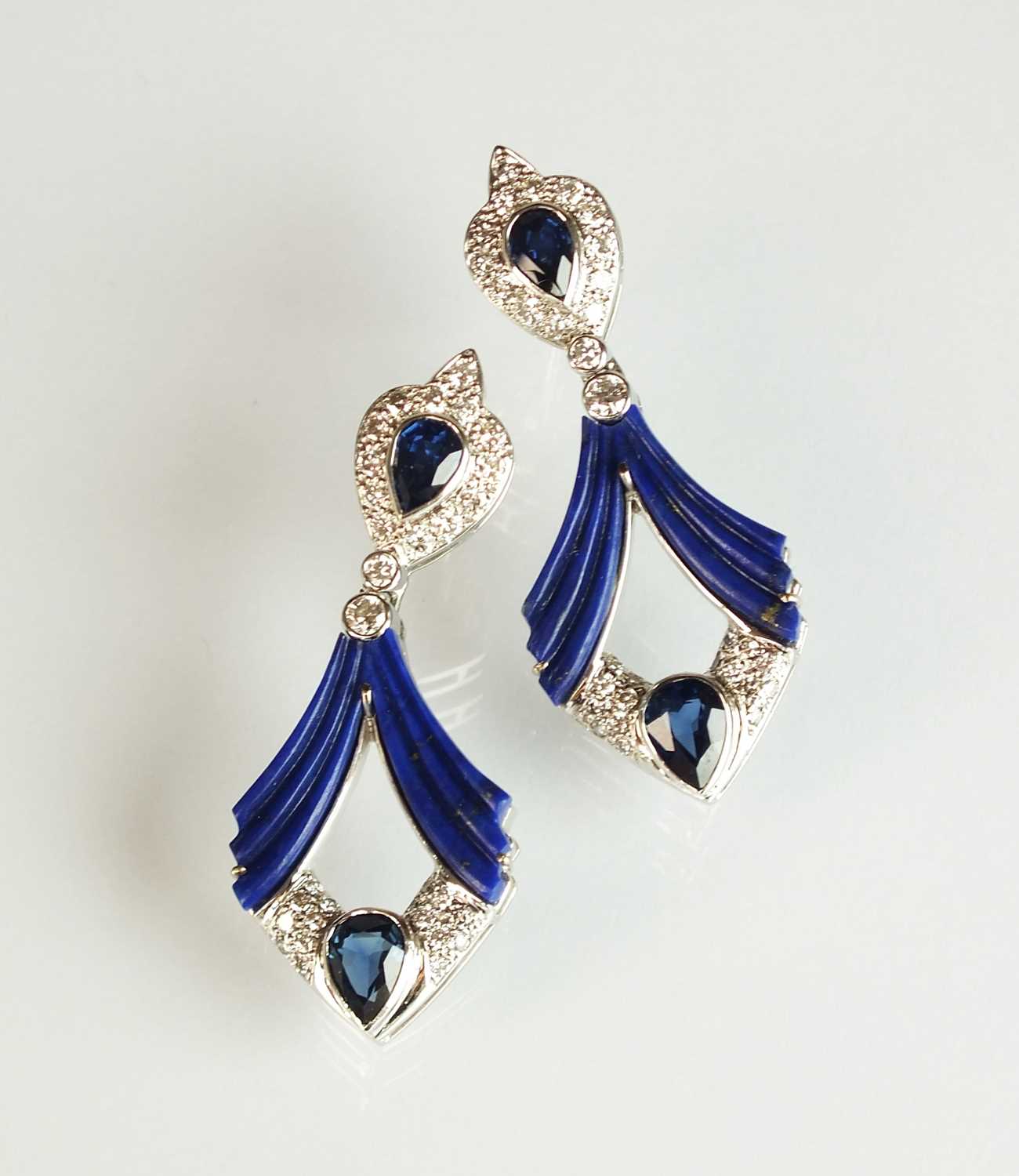 A pair of Boodles Art Deco style 18ct white gold lapis lazuli, sapphire and diamond ear pendants
