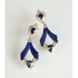 A pair of Boodles Art Deco style 18ct white gold lapis lazuli, sapphire and diamond ear pendants