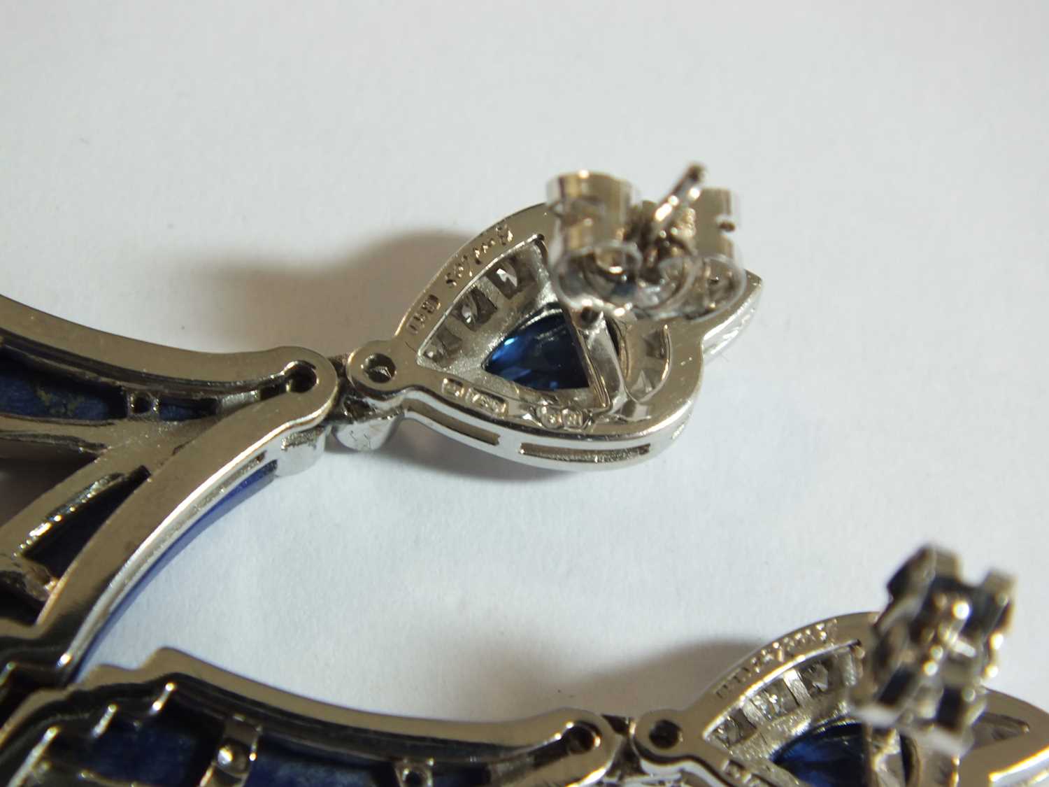 A pair of Boodles Art Deco style 18ct white gold lapis lazuli, sapphire and diamond ear pendants - Image 3 of 7