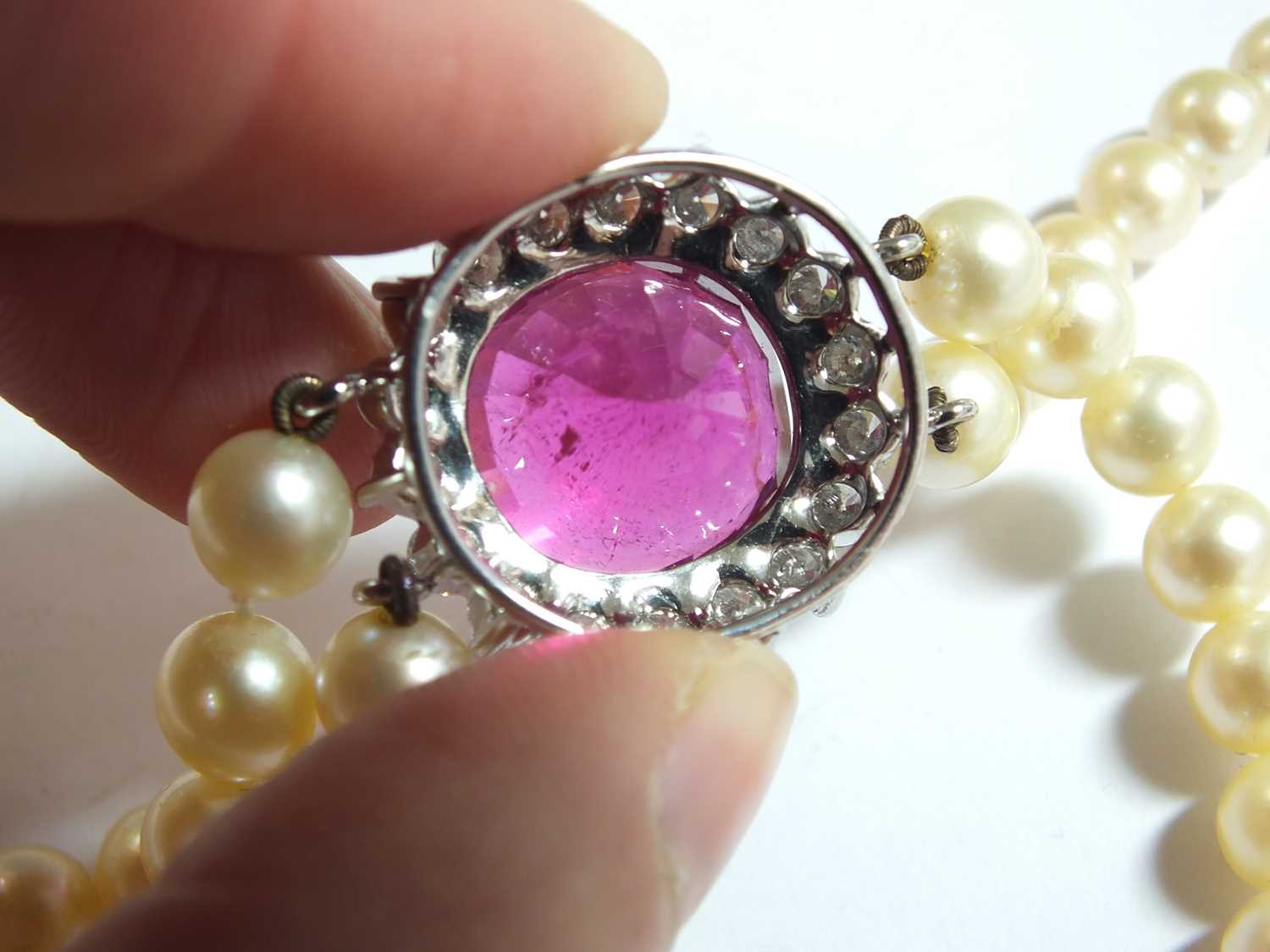 A pink tourmaline and diamond cluster on two strand cultured pearl necklace - Image 6 of 12