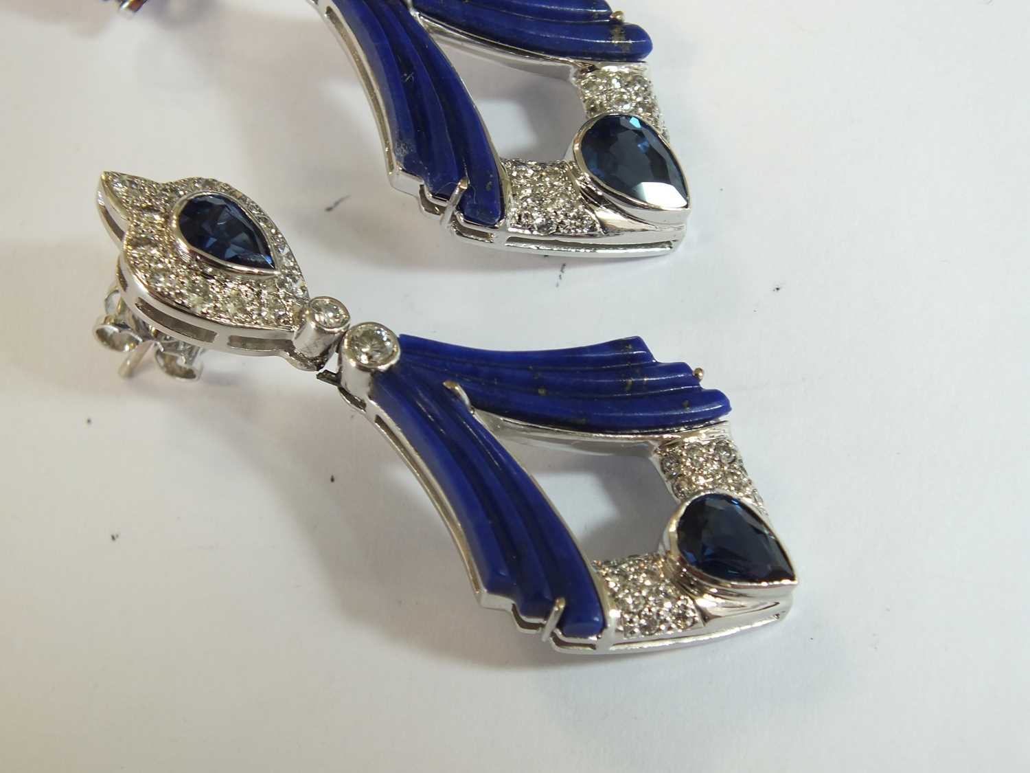 A pair of Boodles Art Deco style 18ct white gold lapis lazuli, sapphire and diamond ear pendants - Image 2 of 7