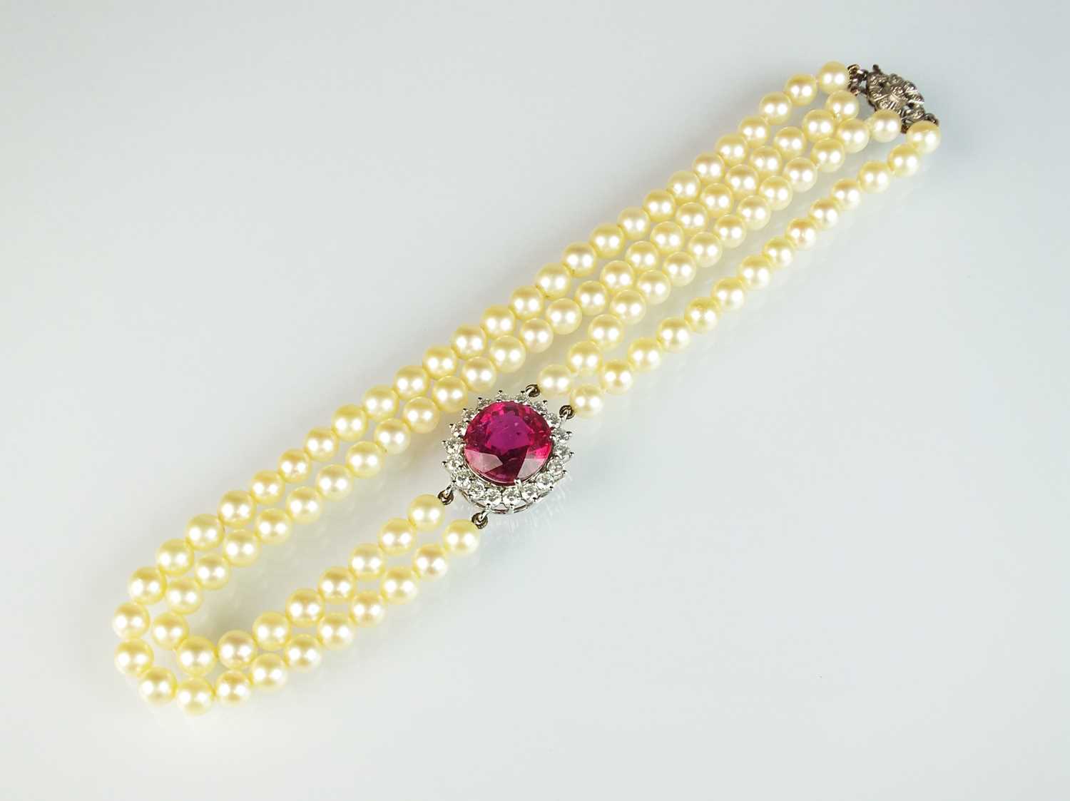 A pink tourmaline and diamond cluster on two strand cultured pearl necklace - Image 2 of 12
