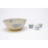 A Chinese blue and white bowl and three wine cups, Ming Dynasty