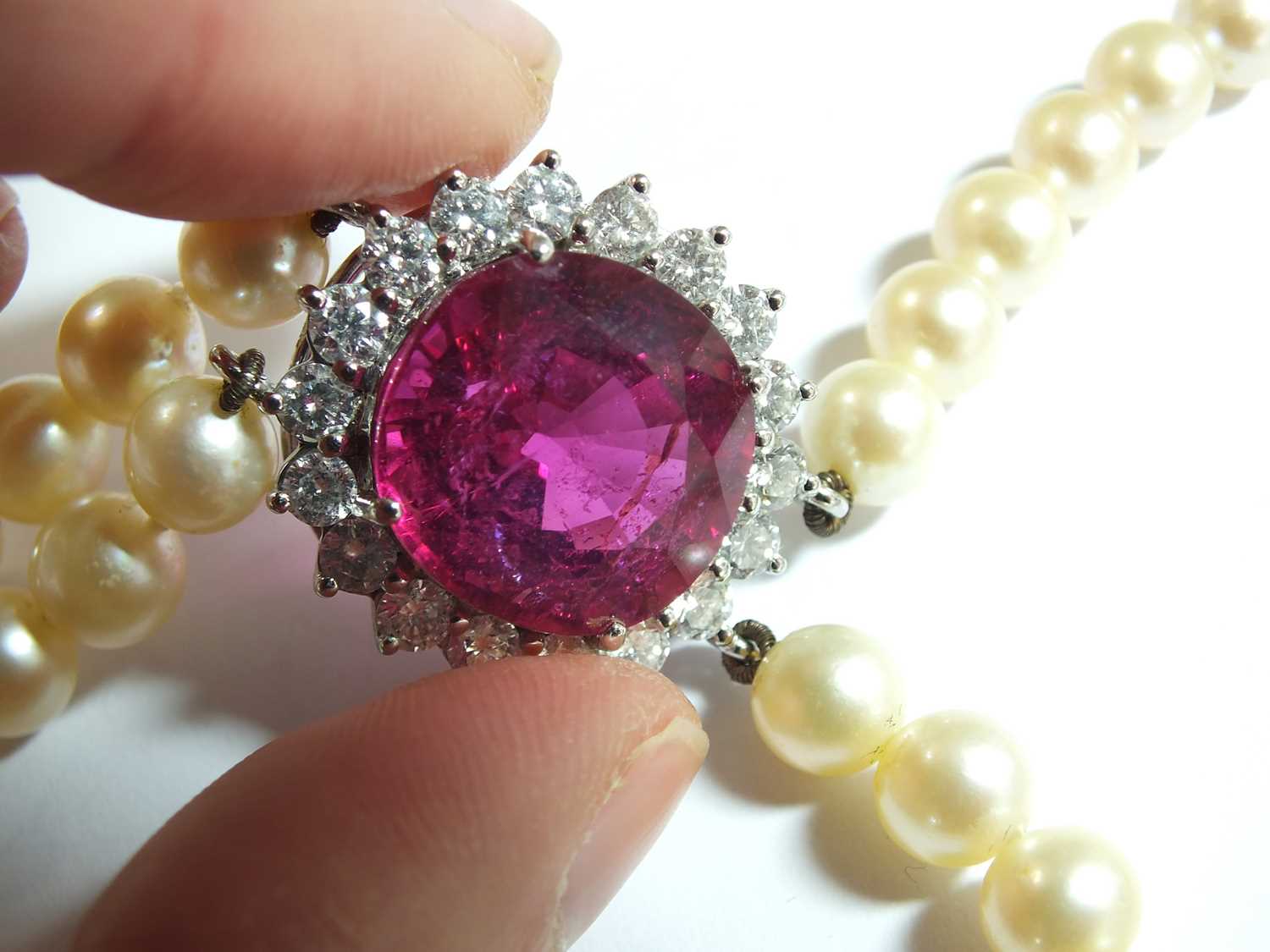 A pink tourmaline and diamond cluster on two strand cultured pearl necklace - Image 4 of 12