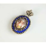 A 19th century enamel, seed pearl and diamond portrait pendant