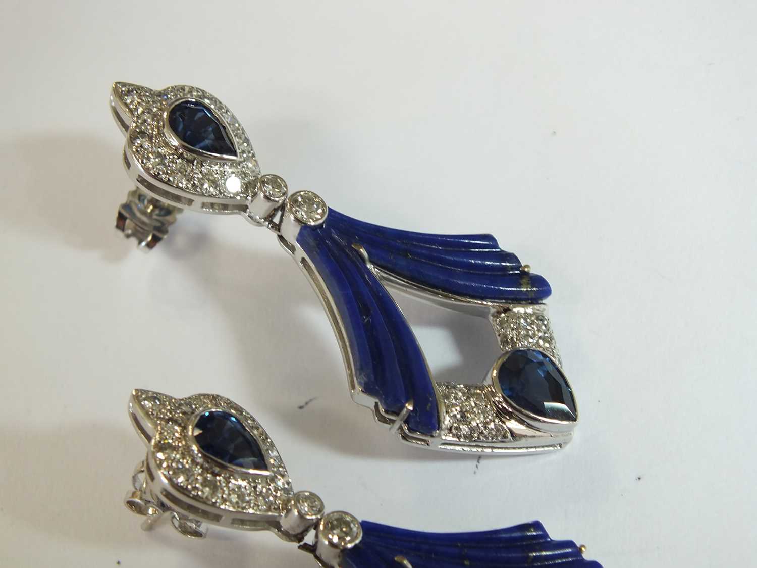 A pair of Boodles Art Deco style 18ct white gold lapis lazuli, sapphire and diamond ear pendants - Image 7 of 7