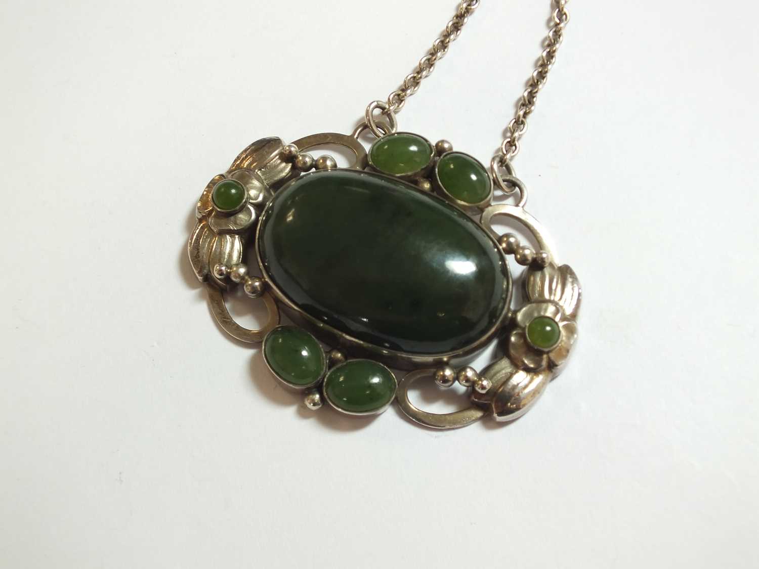 A Georg Jensen nephrite and silver foliate pendant - Image 3 of 8