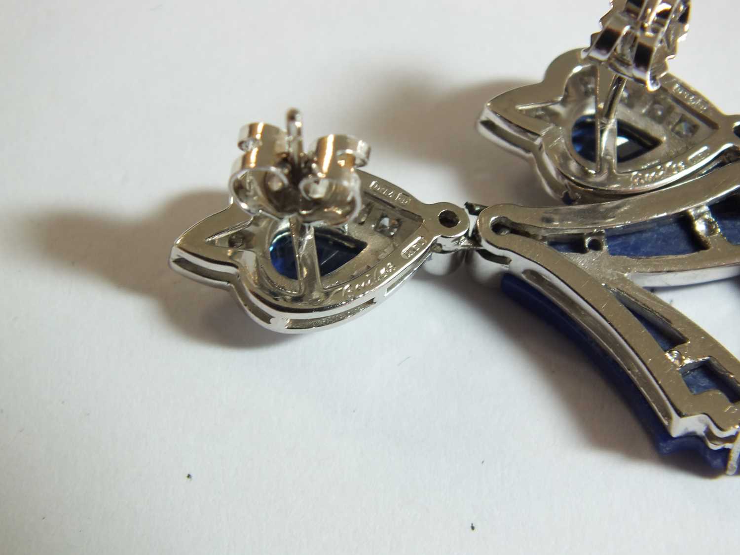 A pair of Boodles Art Deco style 18ct white gold lapis lazuli, sapphire and diamond ear pendants - Image 4 of 7