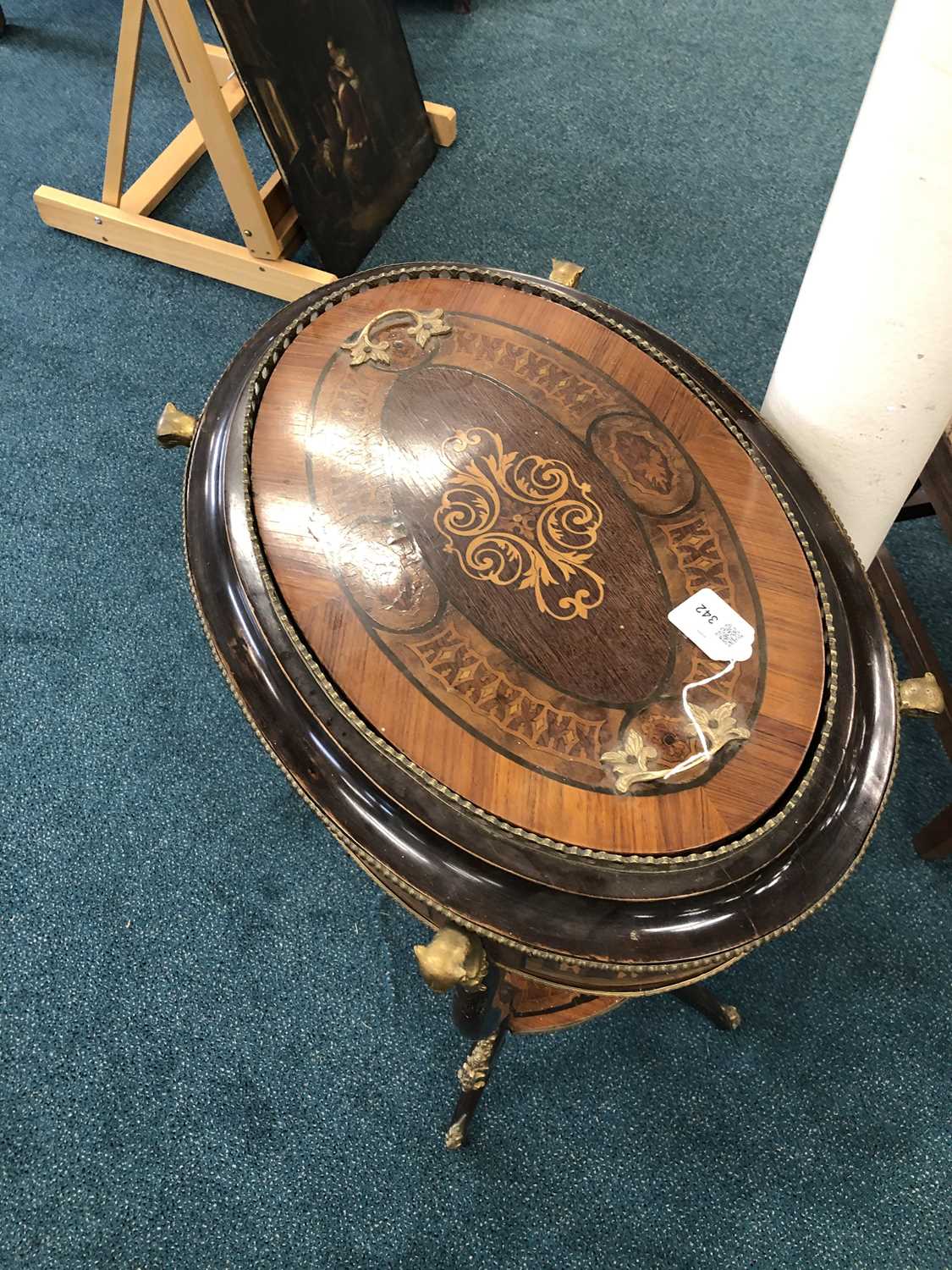 A 19th century French, brass mounted, boxwood and sycamore marquetry veneered, oval jardiniere - Image 4 of 9