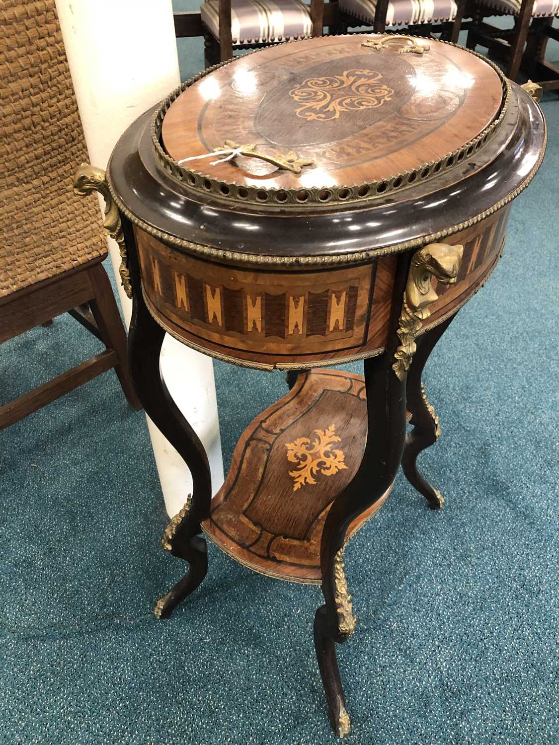 A 19th century French, brass mounted, boxwood and sycamore marquetry veneered, oval jardiniere - Image 7 of 9