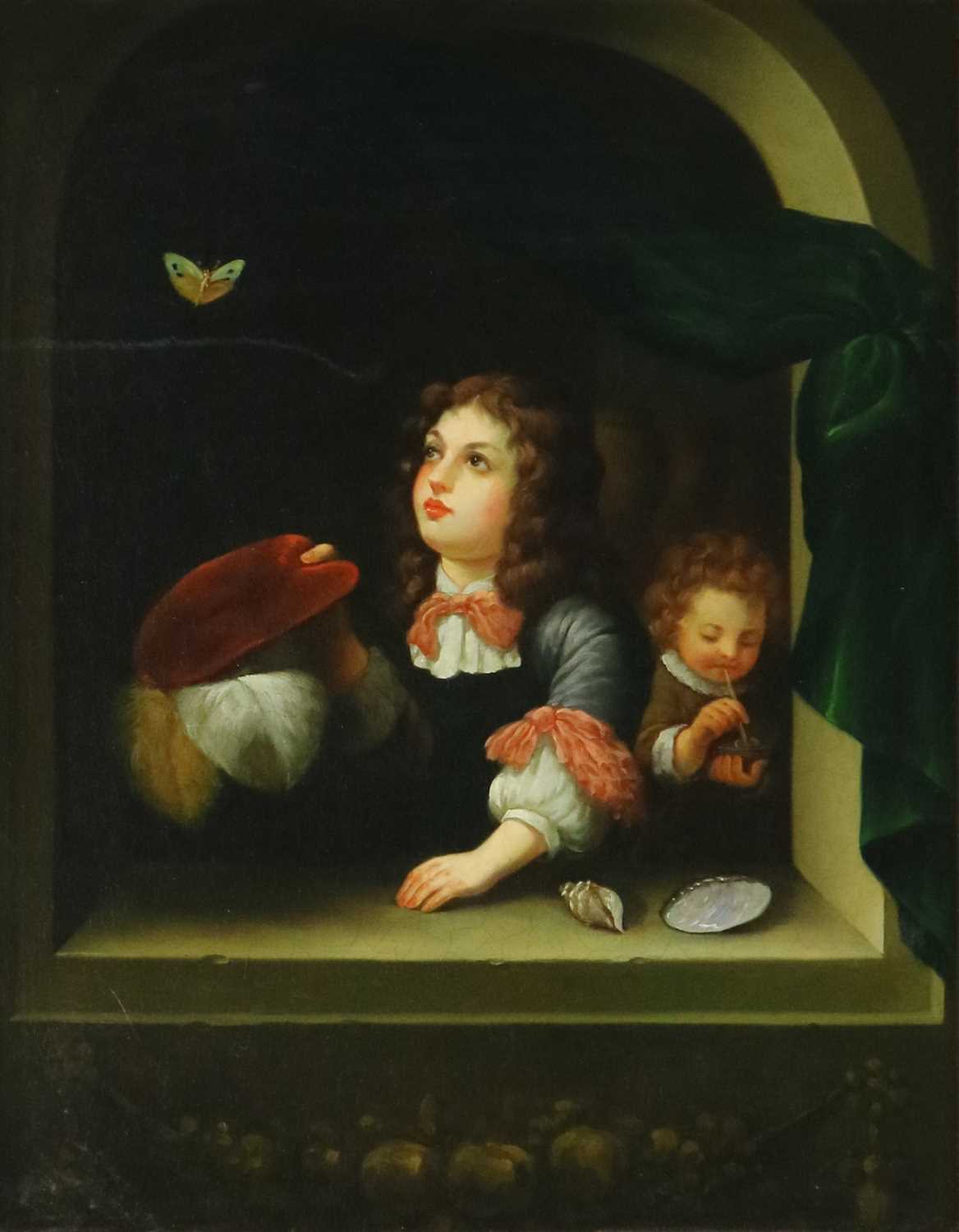 Follower of Caspar Netscher (1635/6-1684) Boys Observing a Butterfly - Image 2 of 3