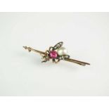 A pink sapphire, untested pearl and diamond insect brooch