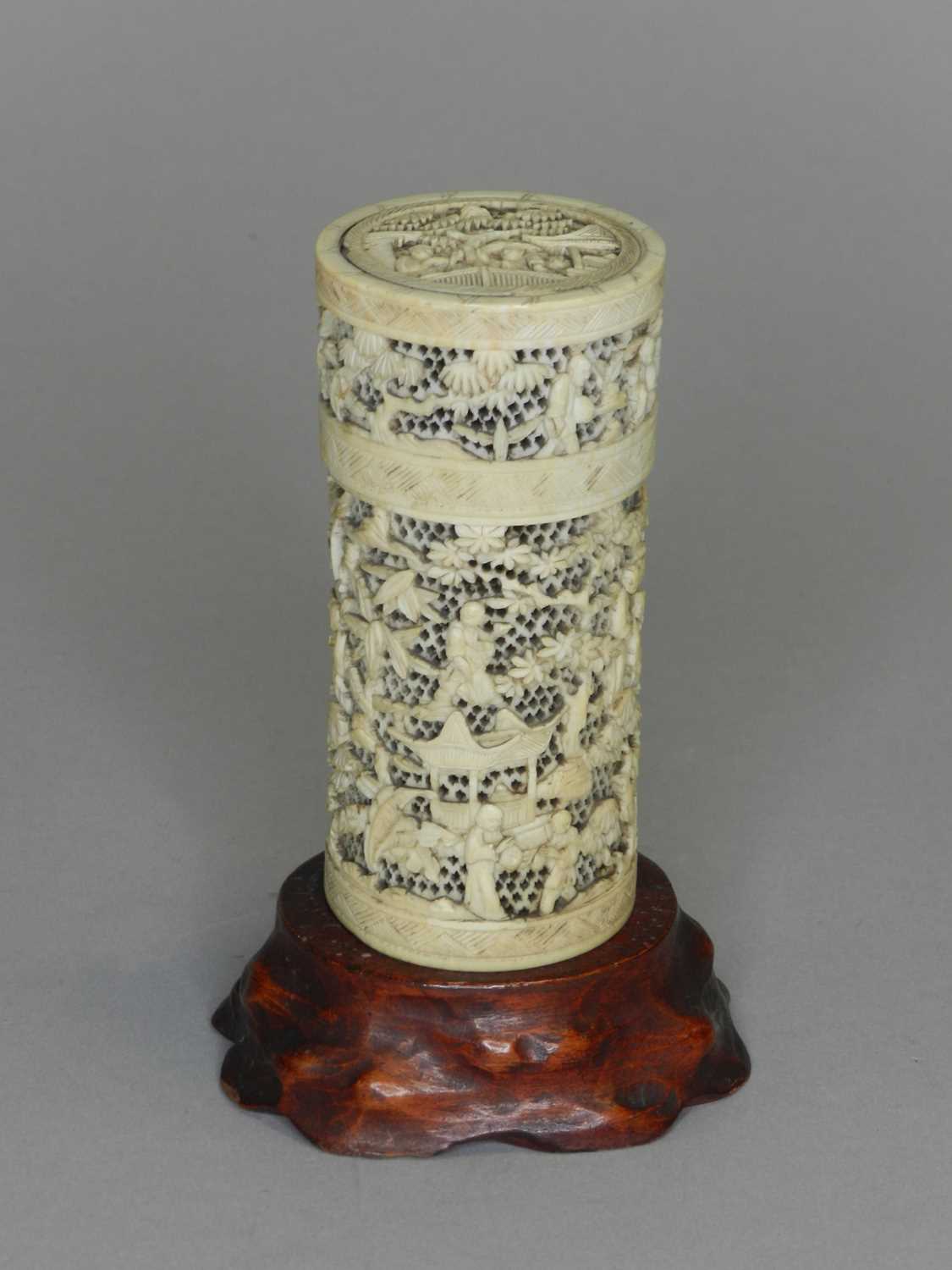 A Chinese Canton carved ivory box and a shell diorama