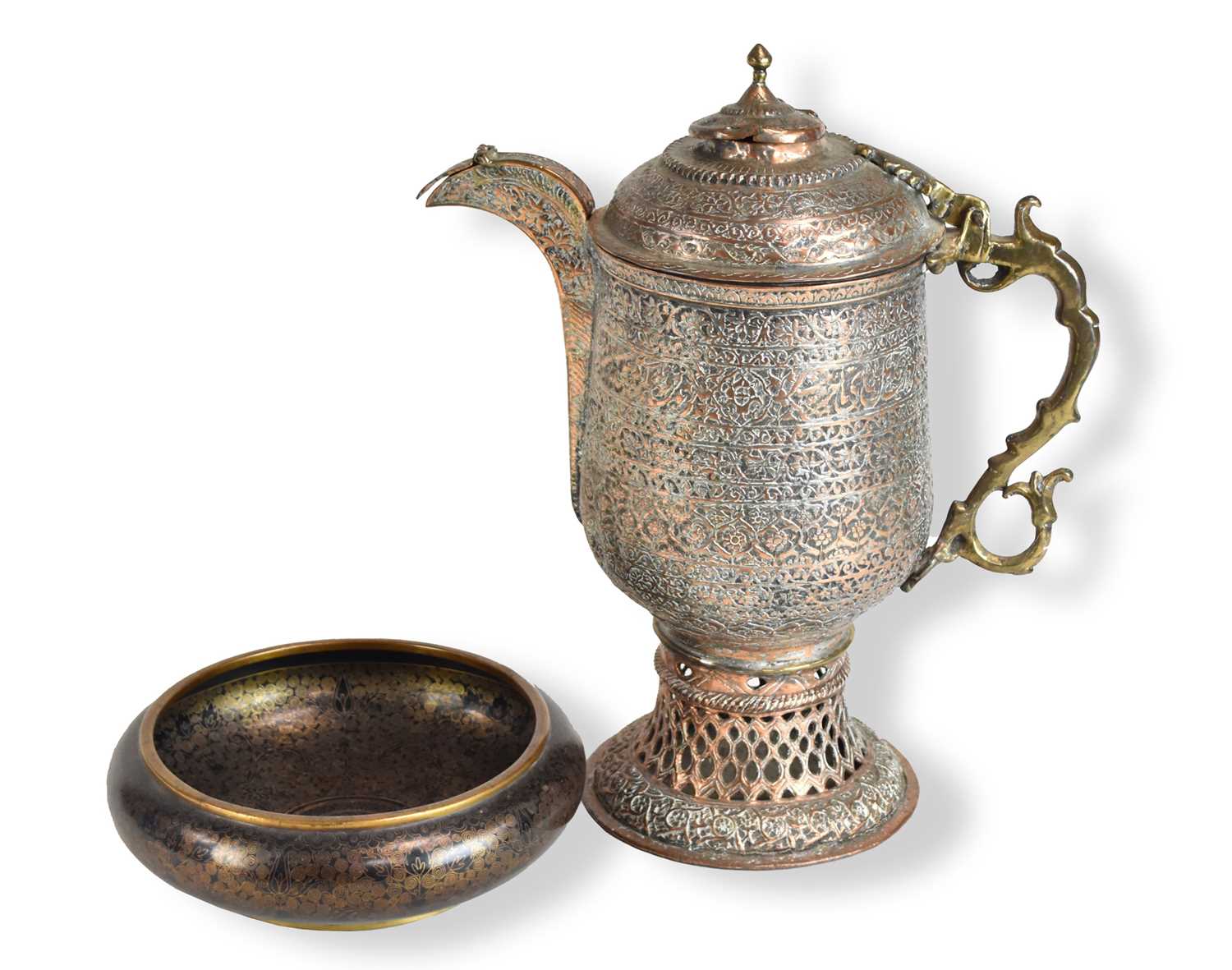 A Near Eastern copper ewer and a Chinese cloisonne censer