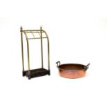 A brass umbrella/stick stand and a copper jam pan